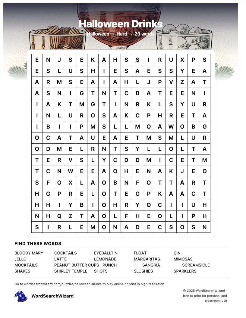 Halloween Drinks word search printable sheet, 20 words to find