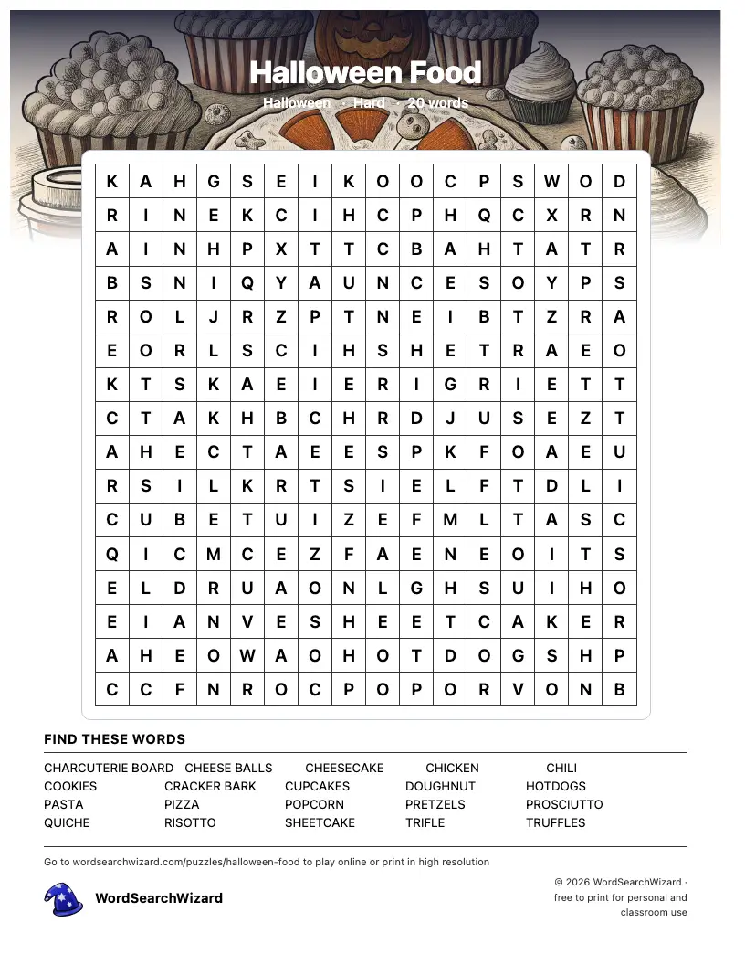 Halloween Food word search printable sheet, 20 words to find