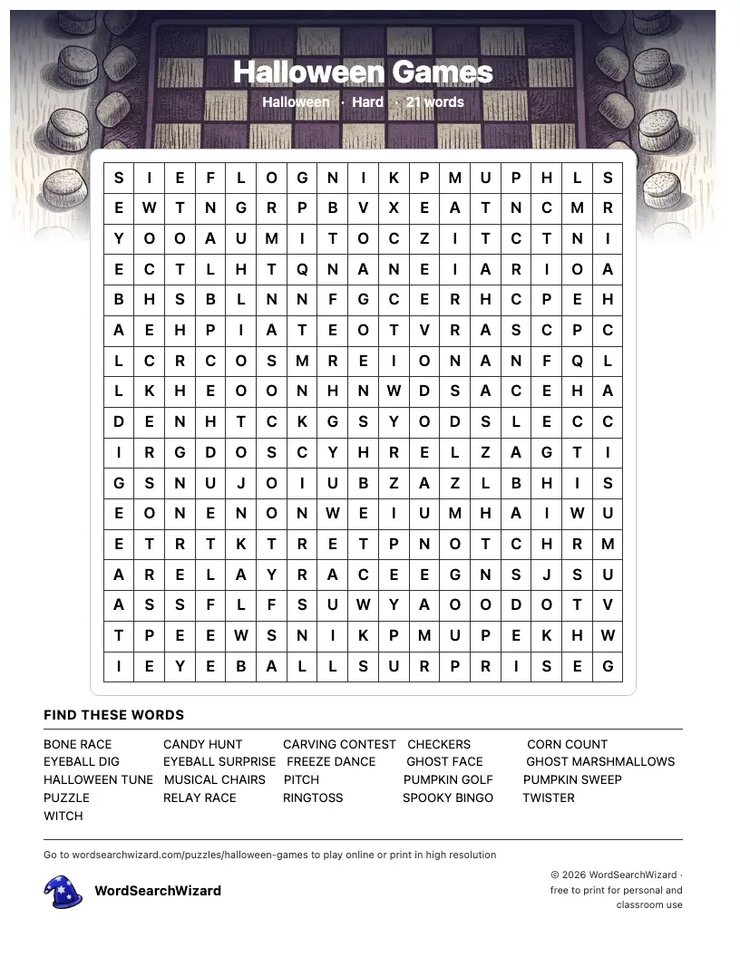 Halloween Games word search printable sheet, 21 words to find