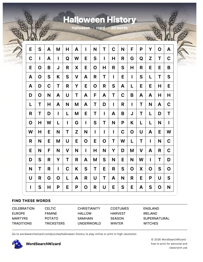 Halloween History word search printable sheet, 20 words to find