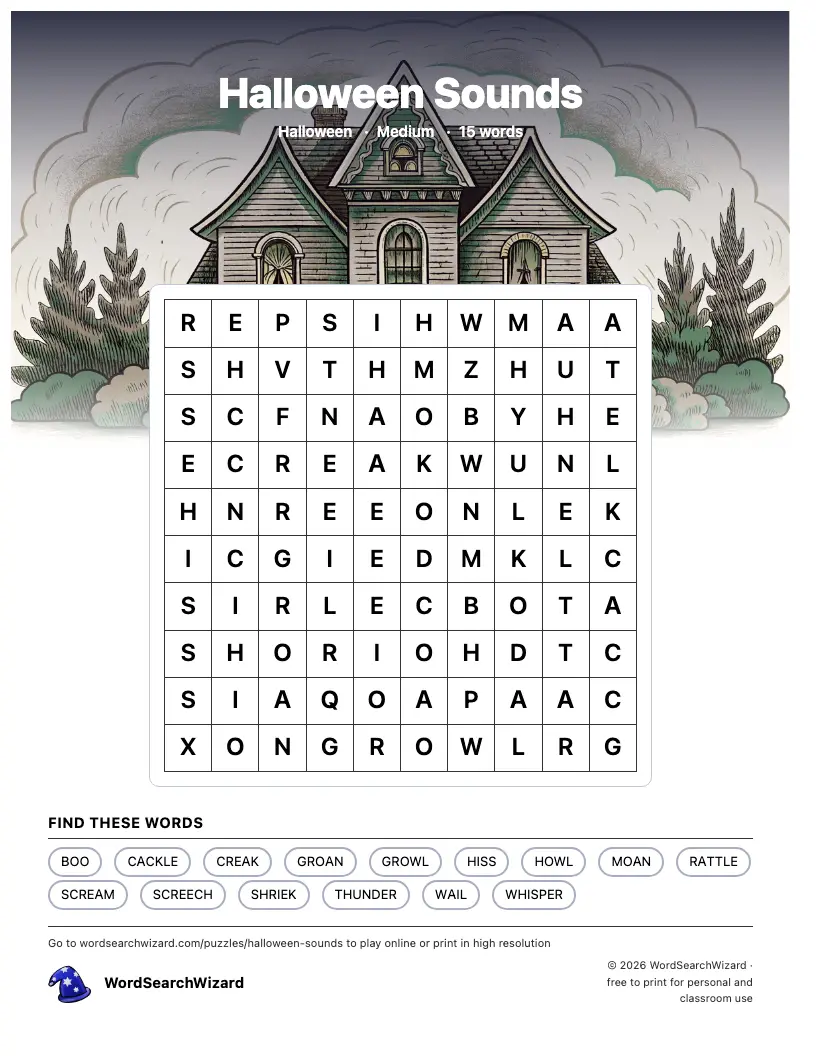 Halloween Sounds word search printable sheet, 15 words to find