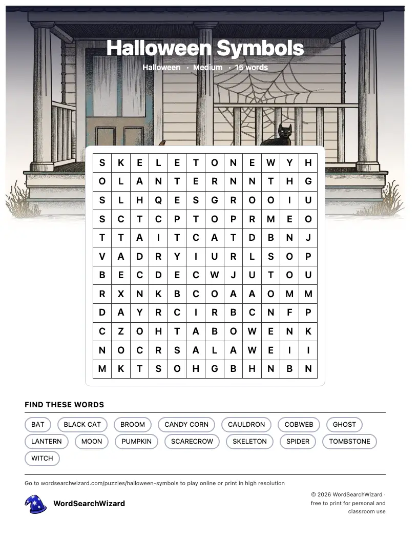 Halloween Symbols word search printable sheet, 15 words to find