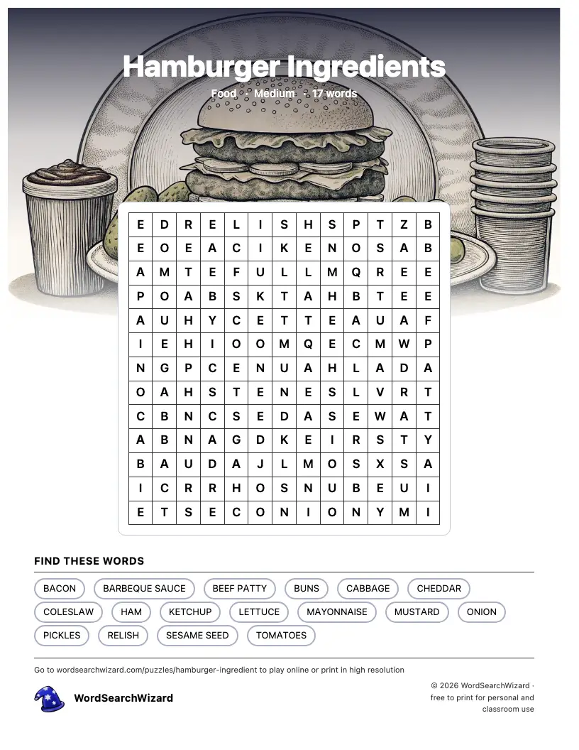 Hamburger Ingredients word search printable sheet, 17 words to find