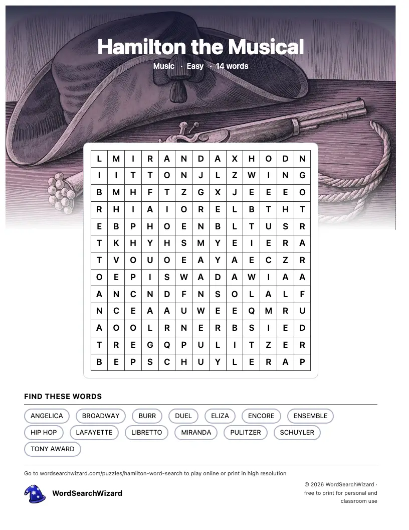 Hamilton the Musical word search printable sheet, 14 words to find