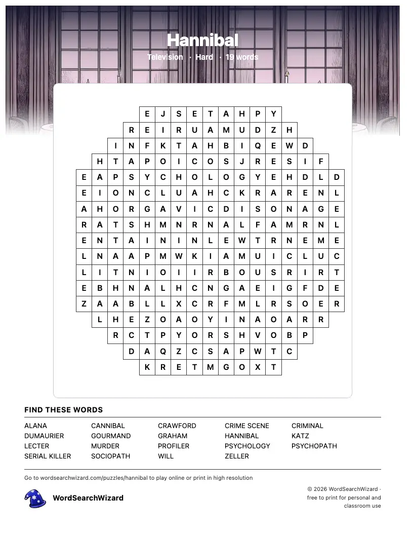 Hannibal word search printable sheet, 19 words to find