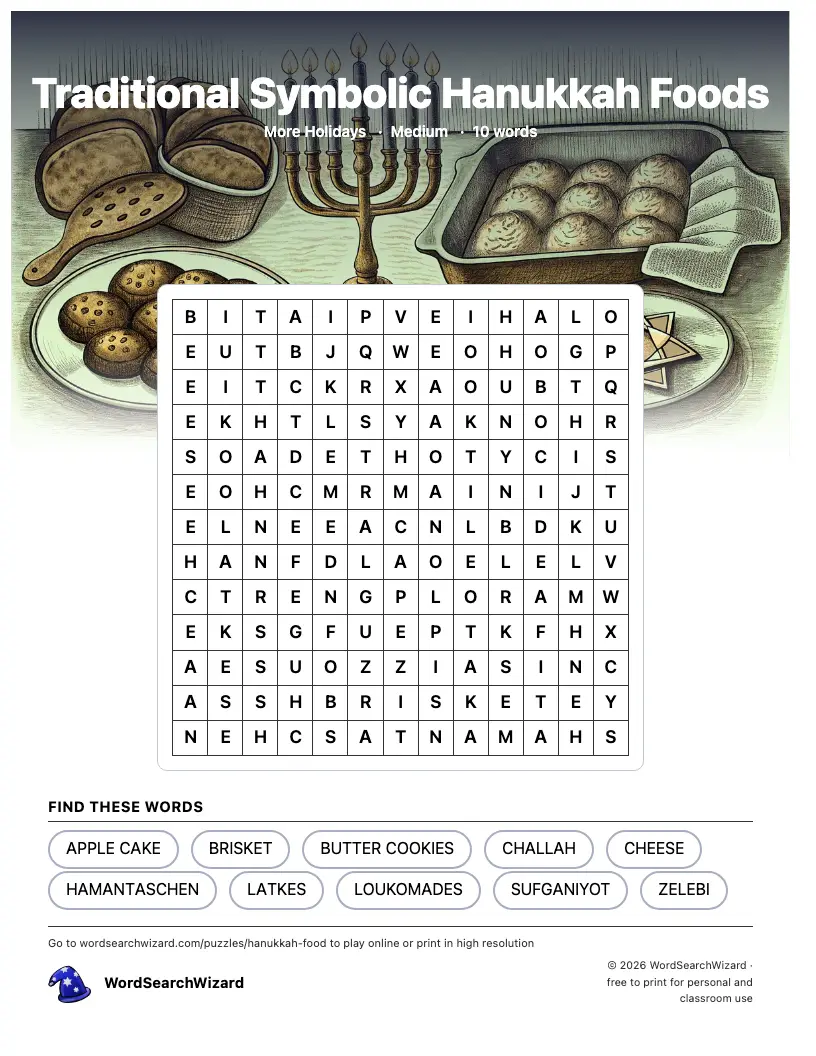 Traditional Symbolic Hanukkah Foods word search printable sheet, 10 words to find
