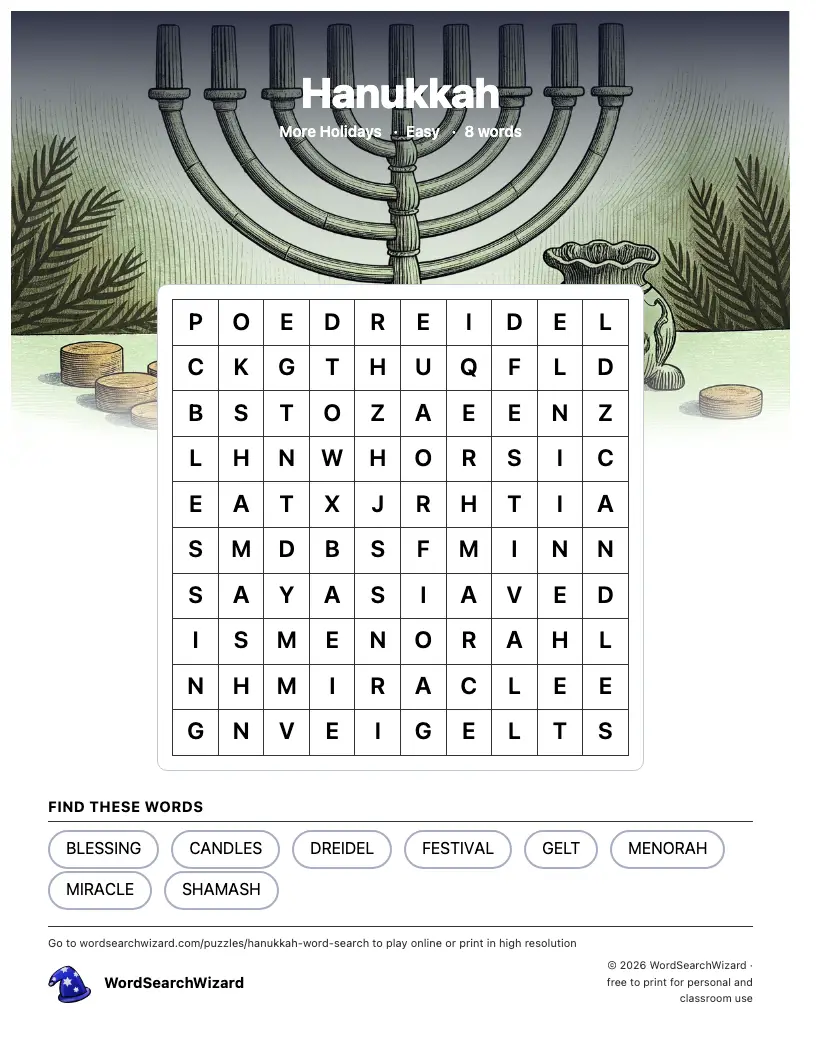 Hanukkah word search printable sheet, 8 words to find