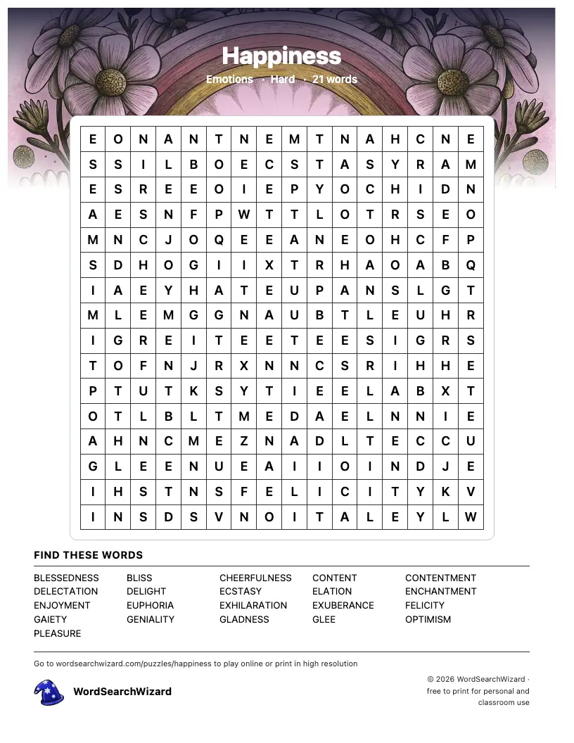Happiness word search printable sheet, 21 words to find