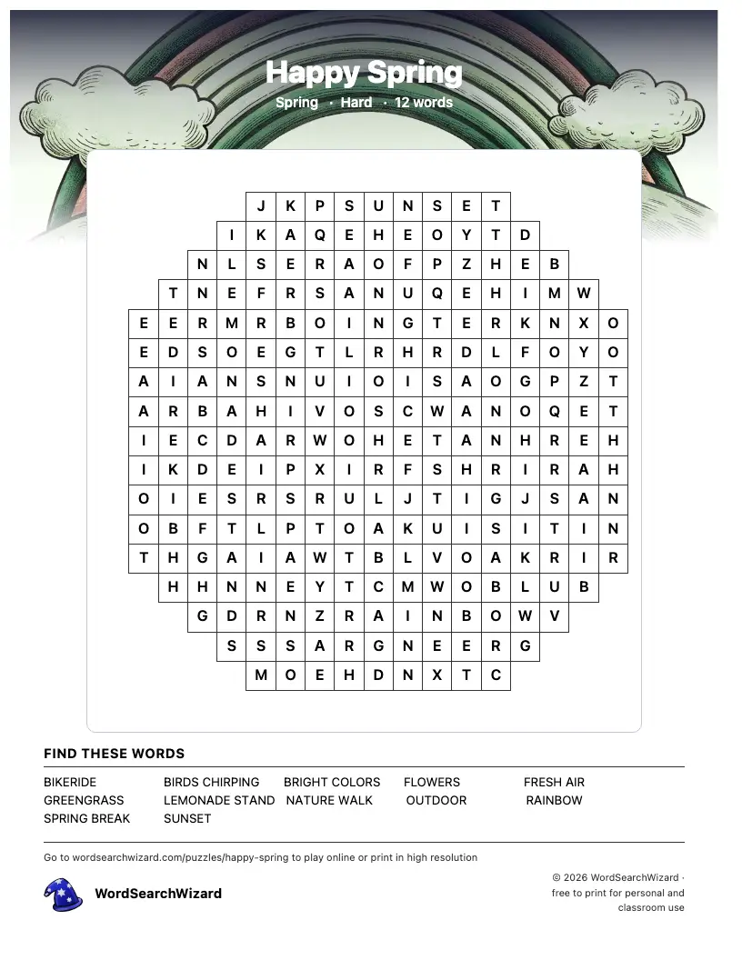 Happy Spring word search printable sheet, 12 words to find