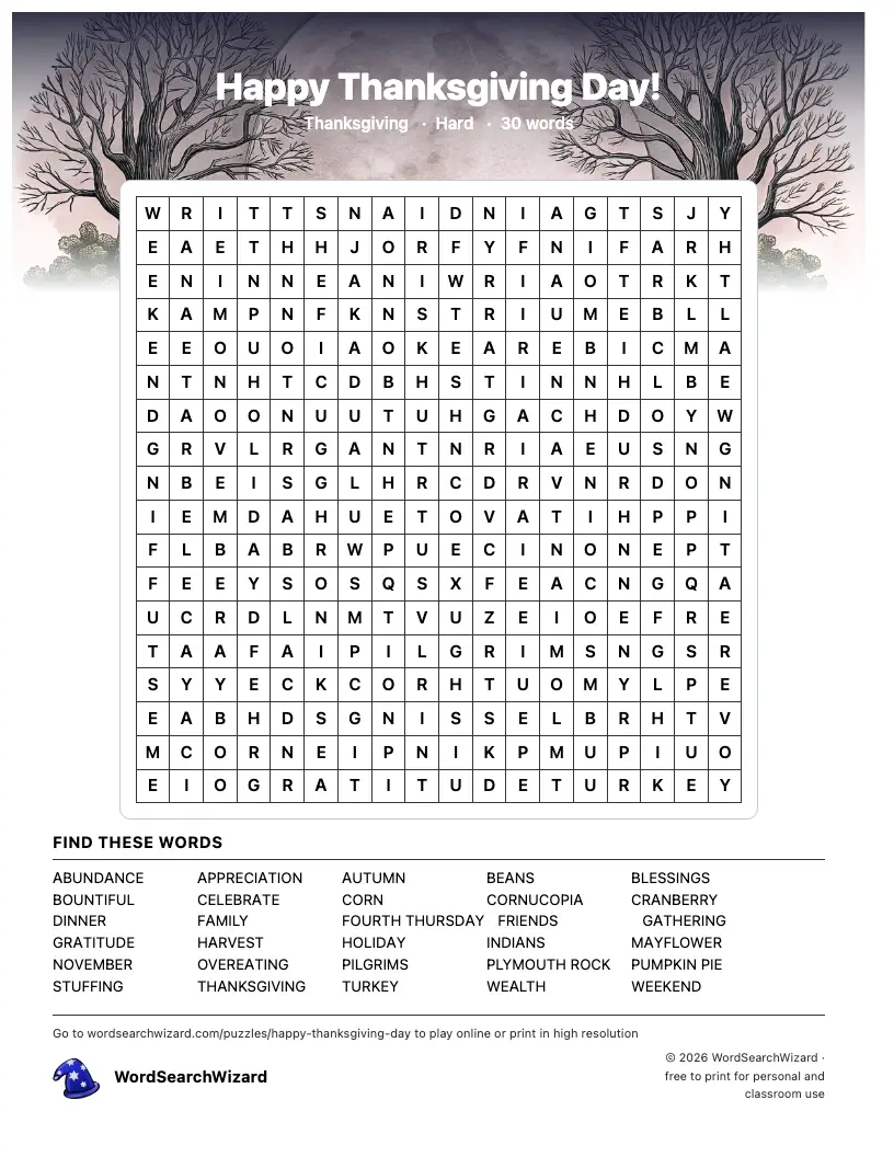 Happy Thanksgiving Day! word search printable sheet, 30 words to find