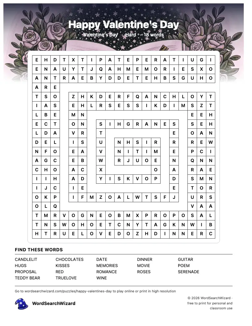 Happy Valentine's Day word search printable sheet, 18 words to find