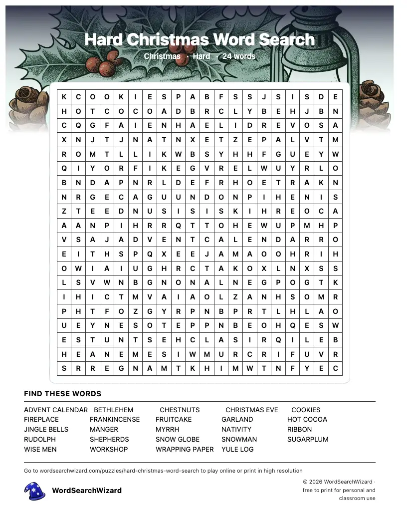 Hard Christmas word search printable sheet, 24 words to find