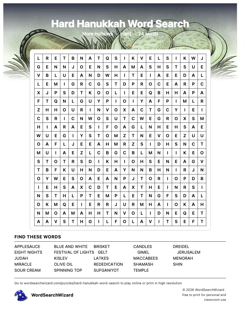 Hard Hanukkah word search printable sheet, 24 words to find