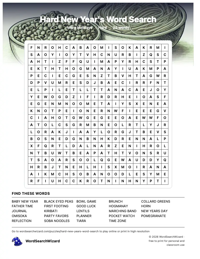Hard New Year's word search printable sheet, 24 words to find