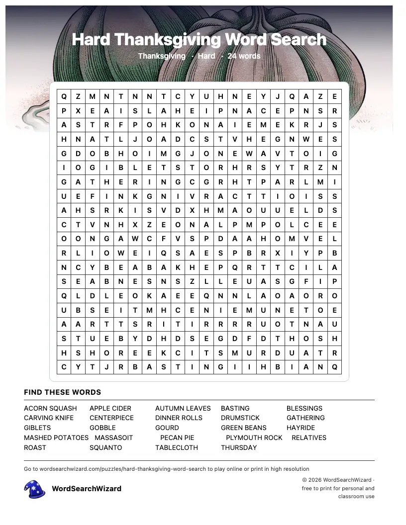 Hard Thanksgiving word search printable sheet, 24 words to find