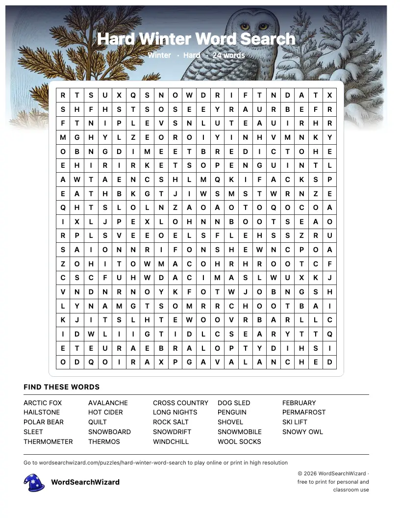 Hard Winter word search printable sheet, 24 words to find