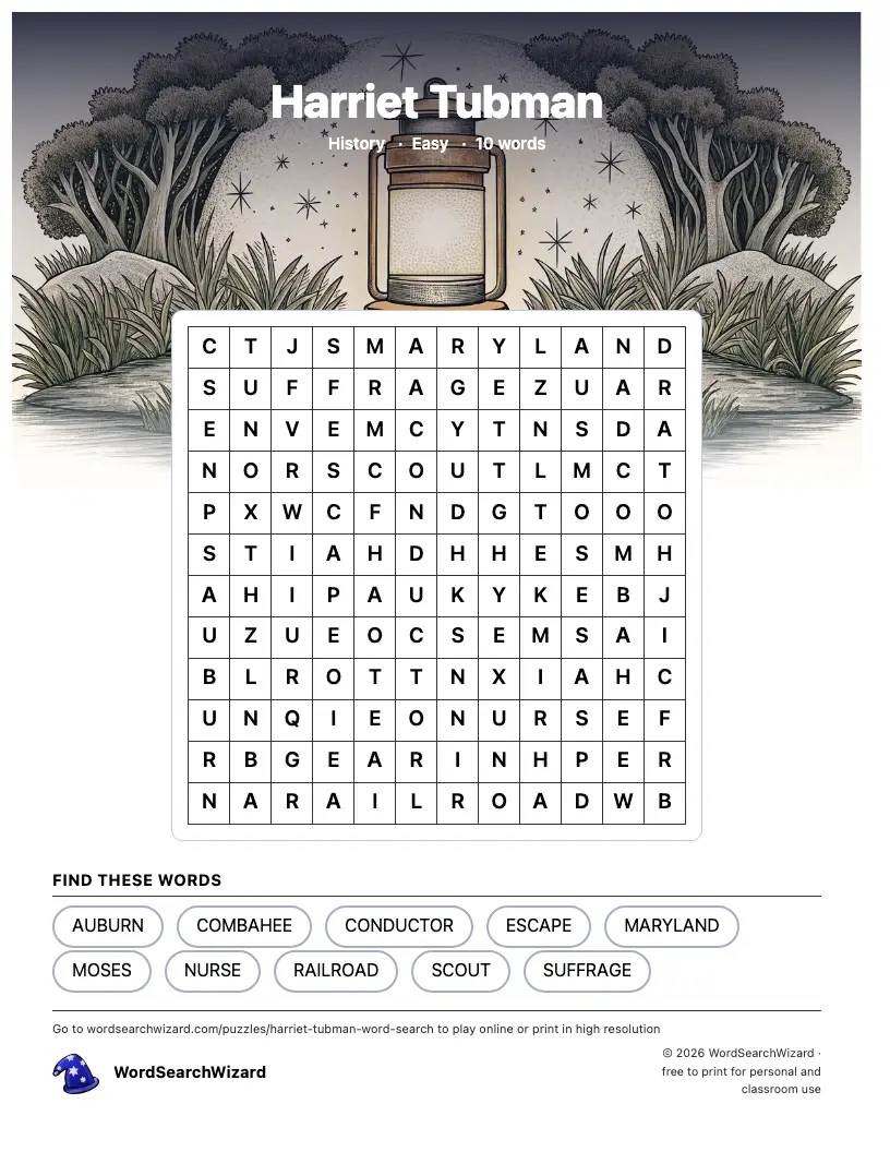 Harriet Tubman word search printable sheet, 10 words to find