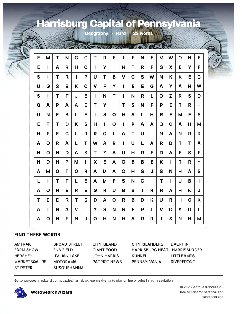 Harrisburg Capital of Pennsylvania word search printable sheet, 22 words to find