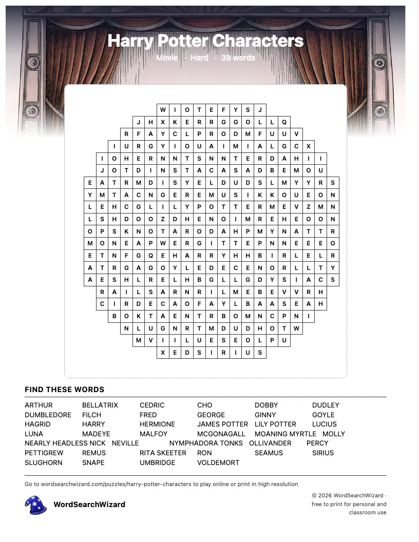 Harry Potter Characters word search printable sheet, 39 words to find