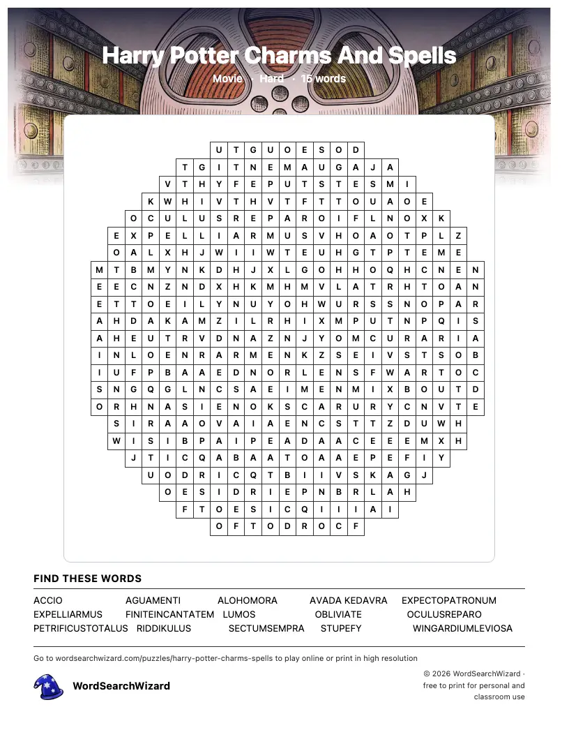 Harry Potter Charms And Spells word search printable sheet, 15 words to find