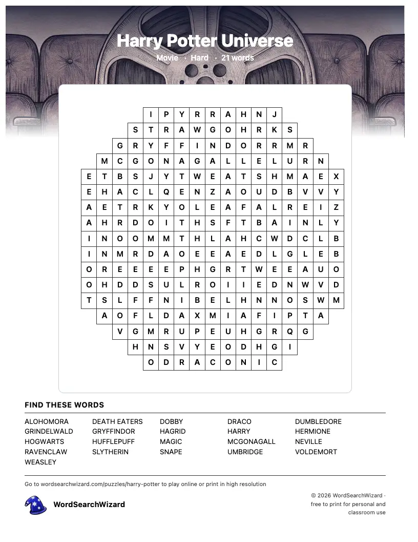 Harry Potter Universe word search printable sheet, 21 words to find