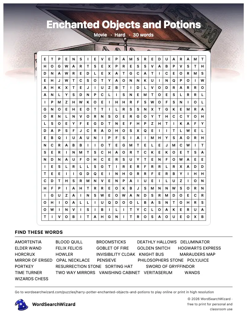 Enchanted Objects and Potions word search printable sheet, 30 words to find