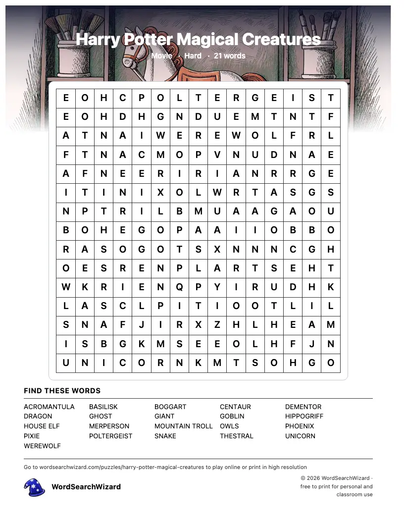 Harry Potter Magical Creatures word search printable sheet, 21 words to find