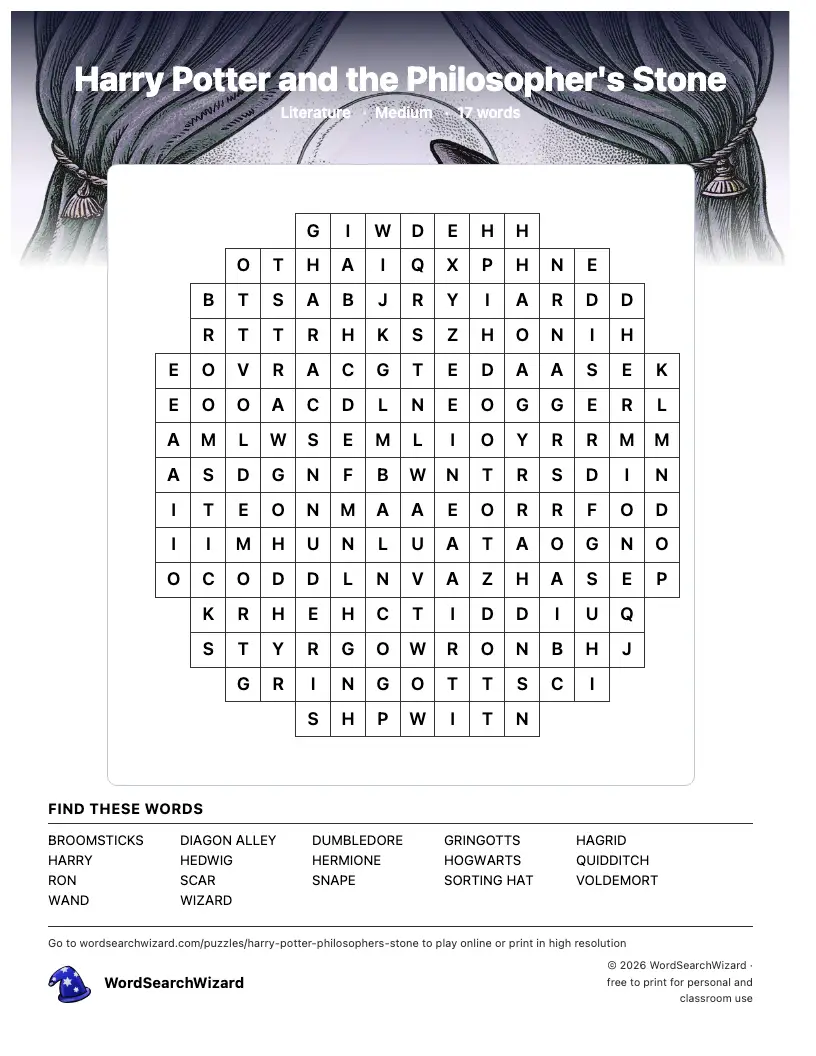Harry Potter and the Philosopher's Stone word search printable sheet, 17 words to find