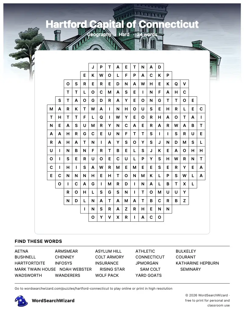 Hartford Capital of Connecticut word search printable sheet, 24 words to find