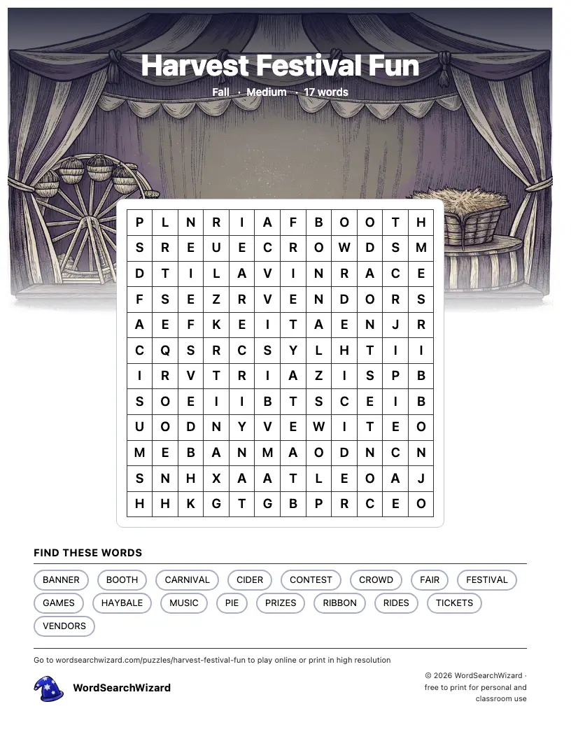 Harvest Festival Fun word search printable sheet, 17 words to find