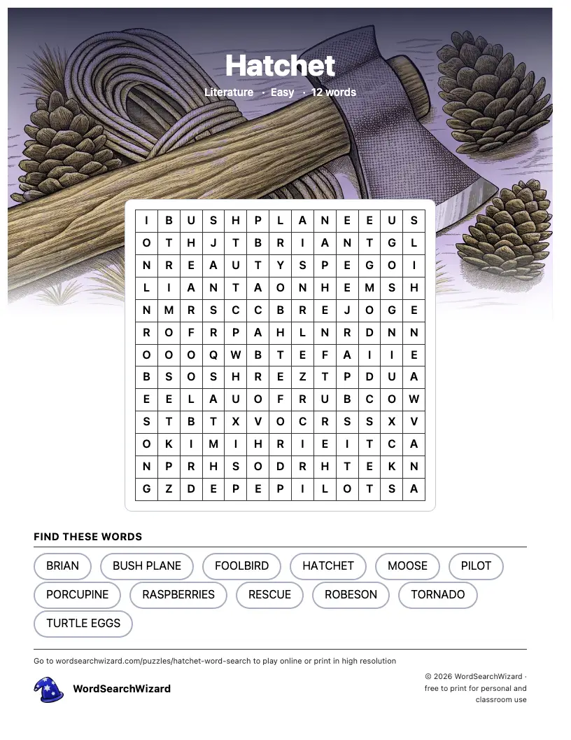 Hatchet word search printable sheet, 12 words to find