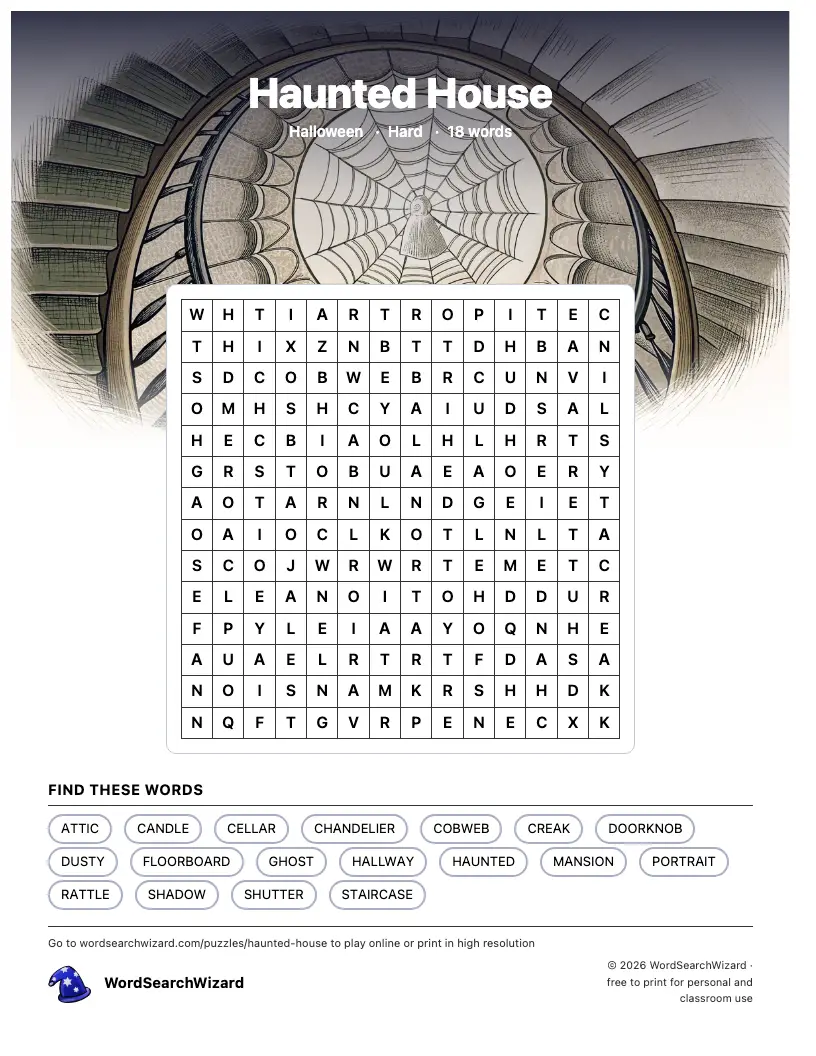Haunted House word search printable sheet, 18 words to find
