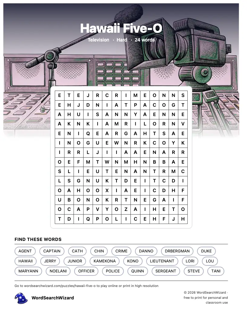 Hawaii Five-O word search printable sheet, 24 words to find