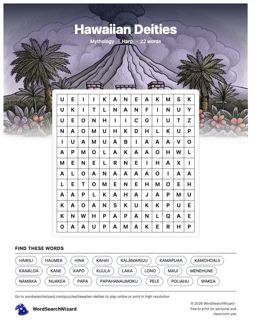 Hawaiian Deities word search printable sheet, 22 words to find