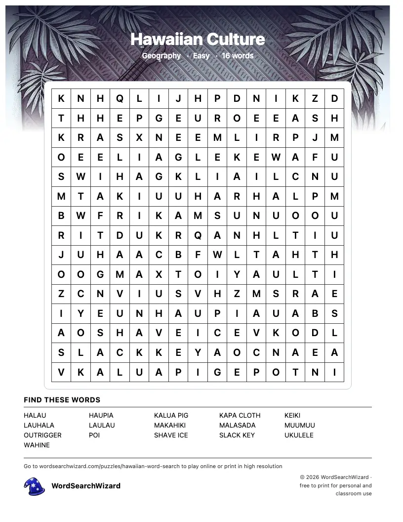 Hawaiian Culture word search printable sheet, 16 words to find