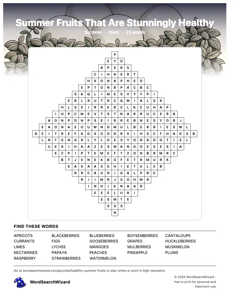 Summer Fruits That Are Stunningly Healthy word search printable sheet, 23 words to find
