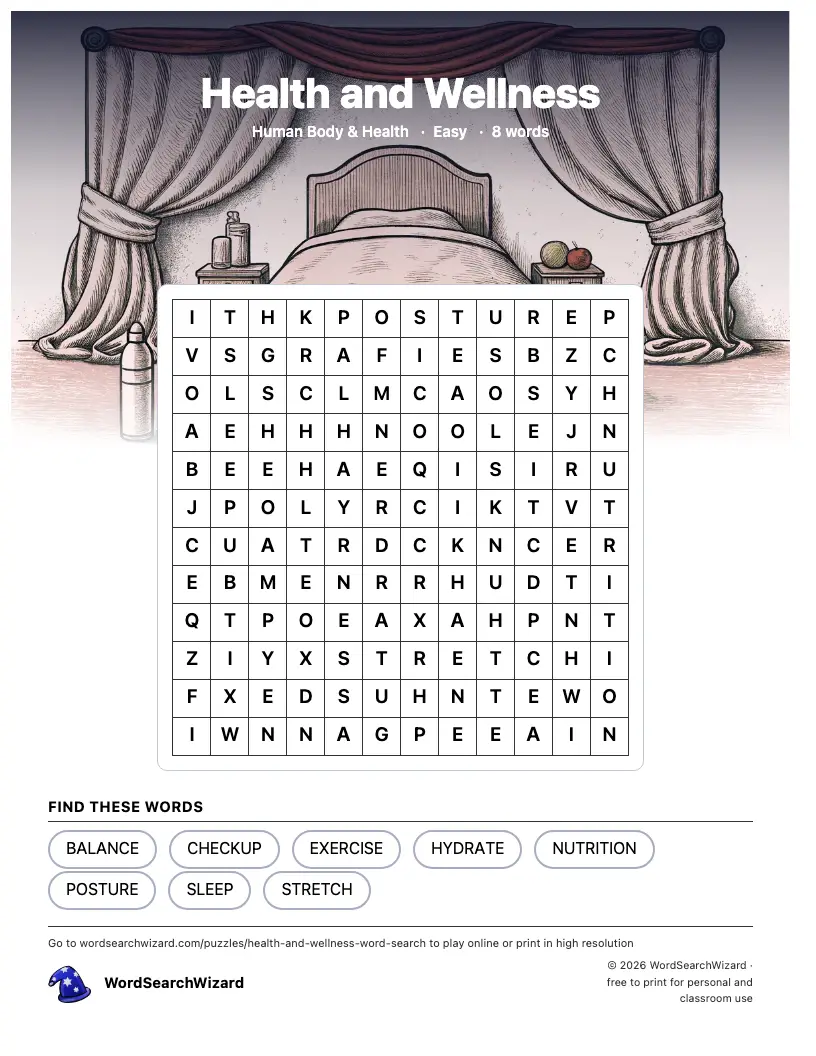Health and Wellness word search printable sheet, 8 words to find