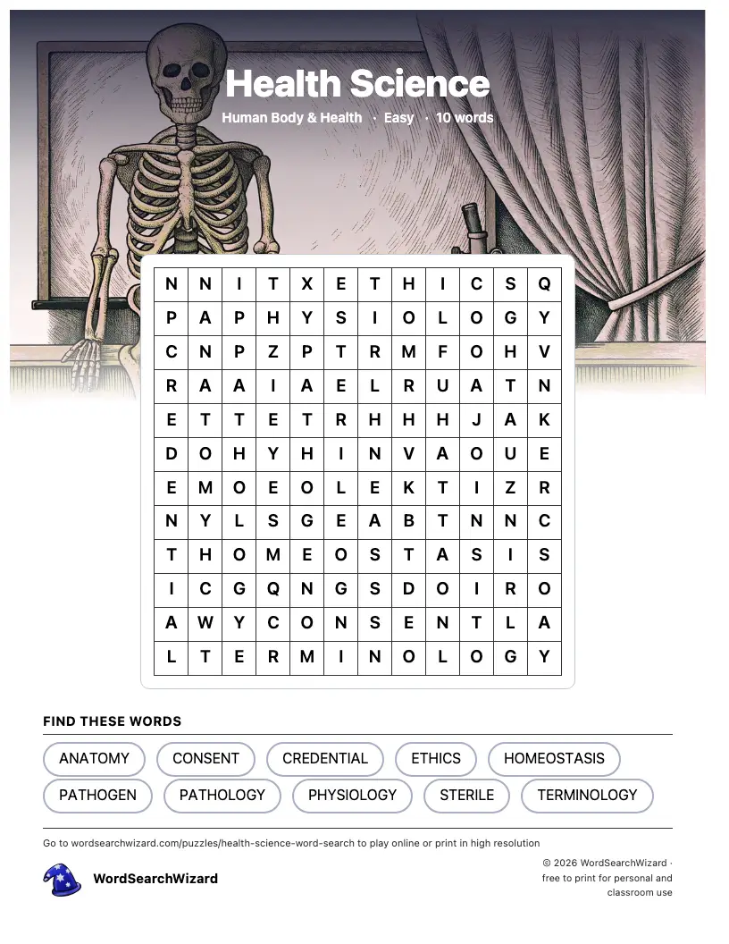 Health Science word search printable sheet, 10 words to find