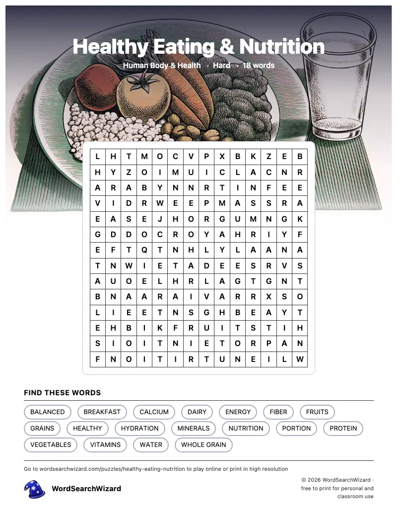 Healthy Eating & Nutrition word search printable sheet, 18 words to find