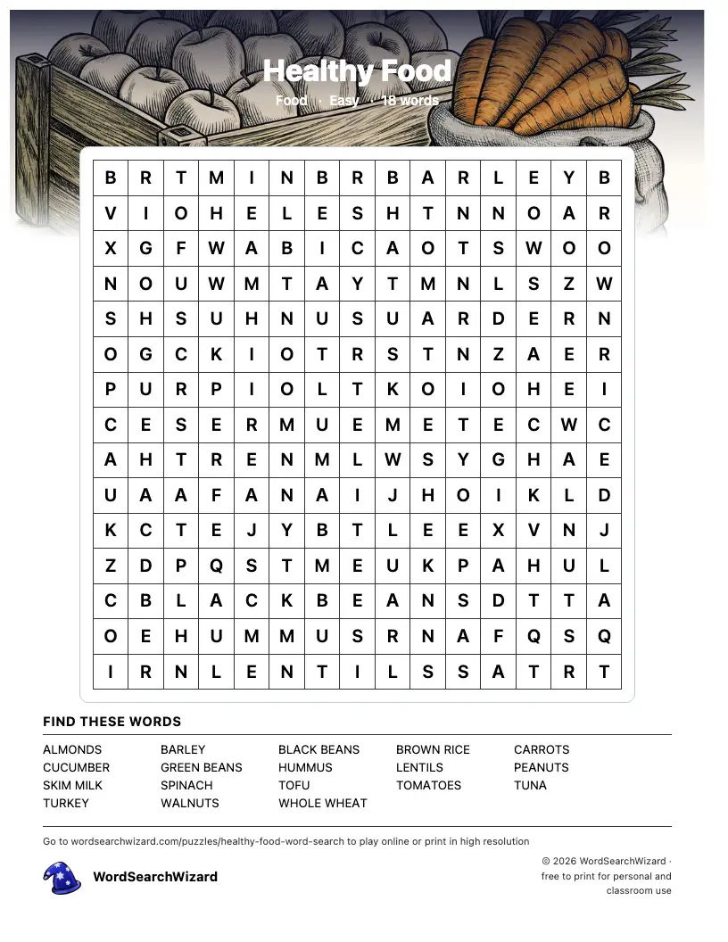 Healthy Food word search printable sheet, 18 words to find