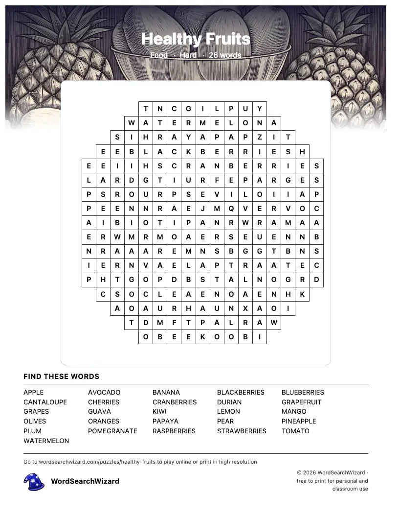 Healthy Fruits word search printable sheet, 26 words to find