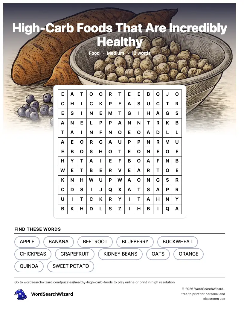High-Carb Foods That Are Incredibly Healthy word search printable sheet, 12 words to find
