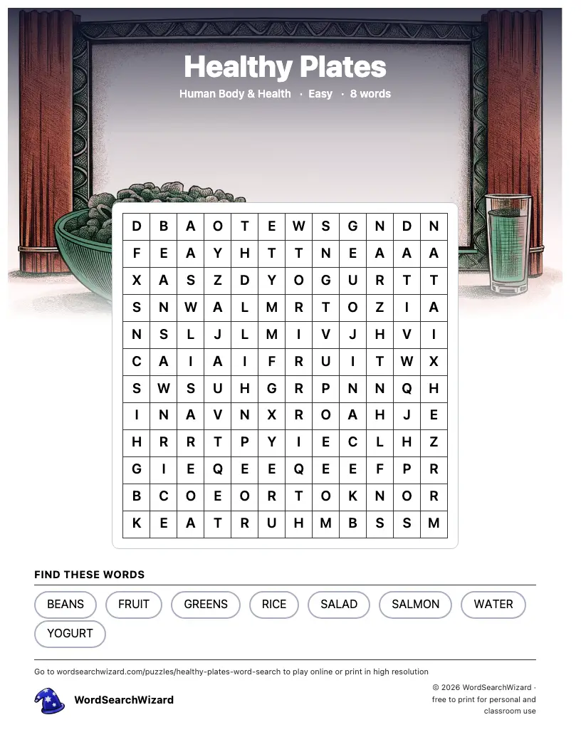 Healthy Plates word search printable sheet, 8 words to find