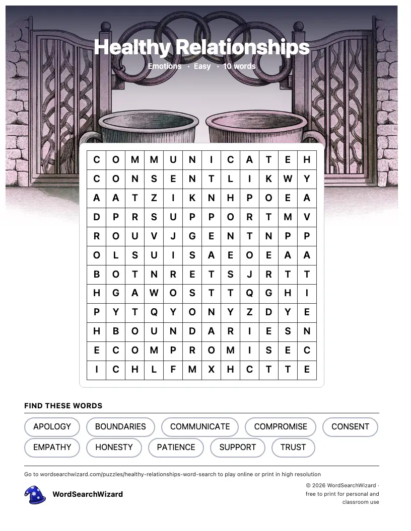 Healthy Relationships word search printable sheet, 10 words to find