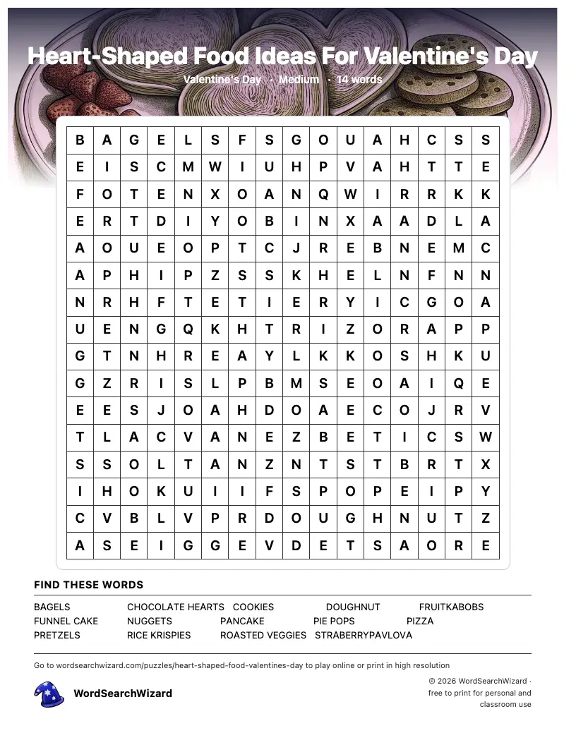 Heart-Shaped Food Ideas For Valentine's Day word search printable sheet, 14 words to find