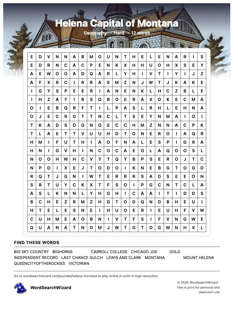 Helena Capital of Montana word search printable sheet, 12 words to find