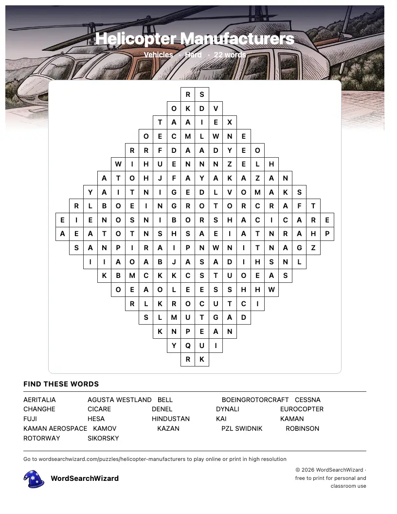 Helicopter Manufacturers word search printable sheet, 22 words to find