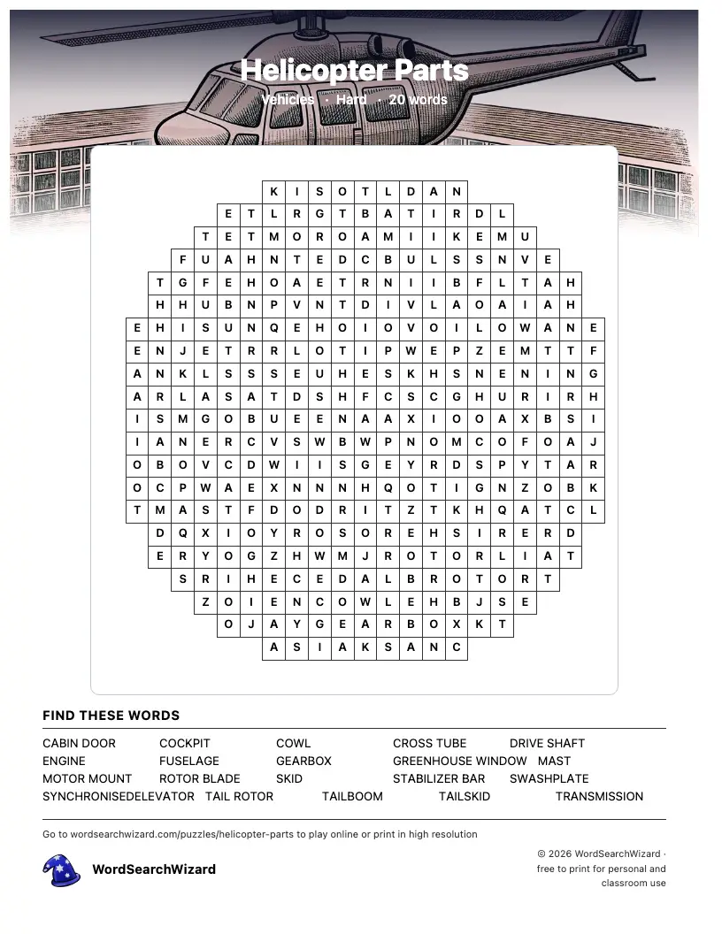 Helicopter Parts word search printable sheet, 20 words to find