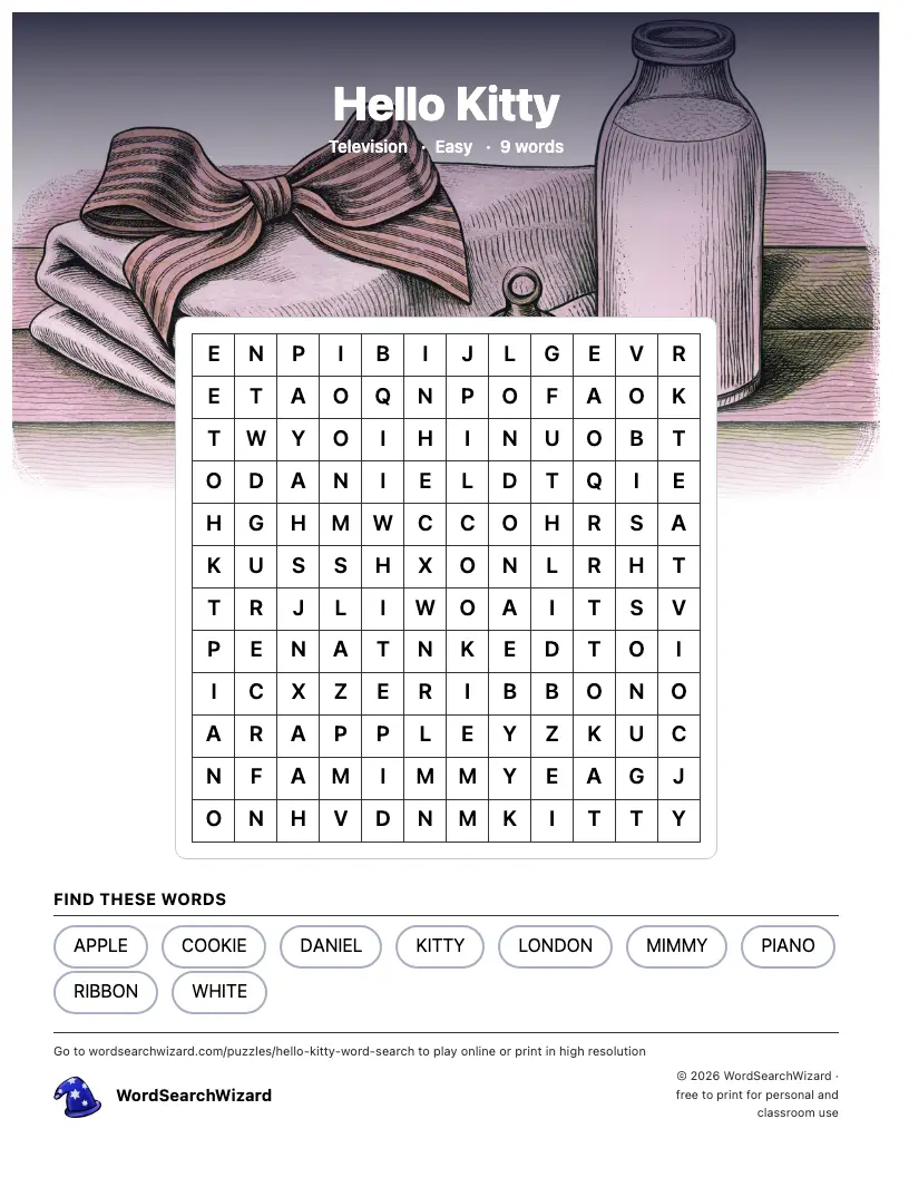 Hello Kitty word search printable sheet, 9 words to find