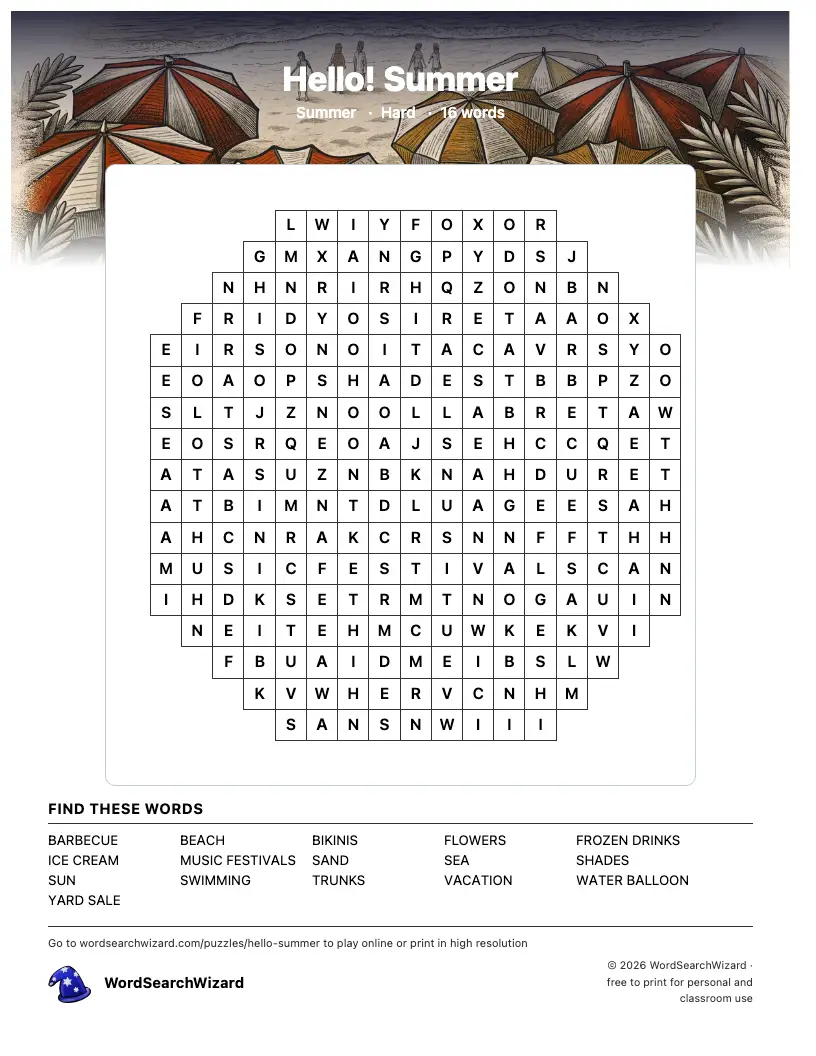 Hello! Summer word search printable sheet, 16 words to find